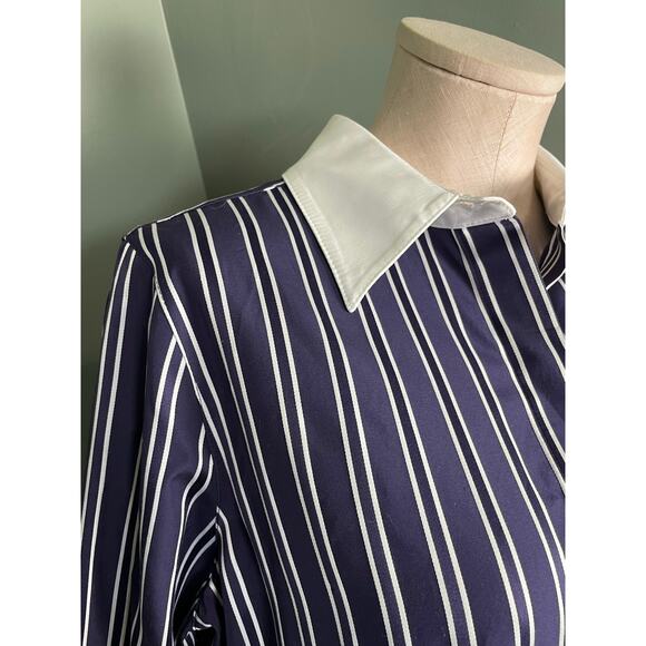 Per Se by Carlisle Women's Navy White Stripe Long Sleeve Collared Top. Size 8. - Picture 2 of 8
